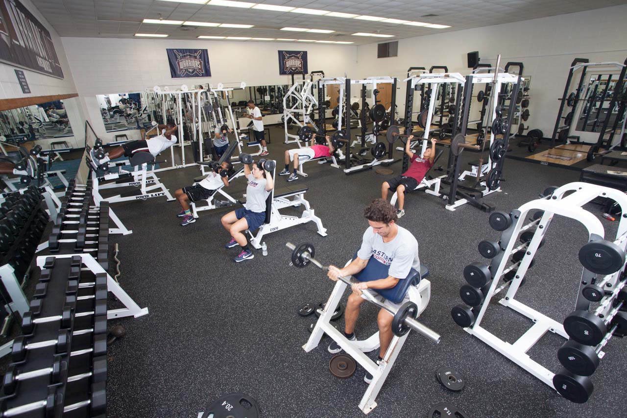 students lifting weights