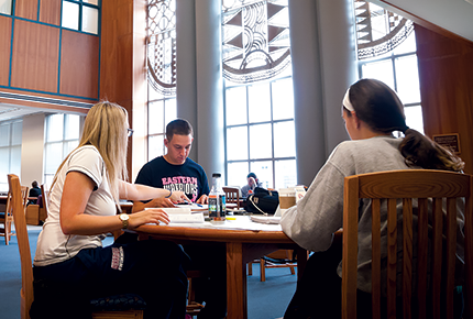 students in the library with advisor